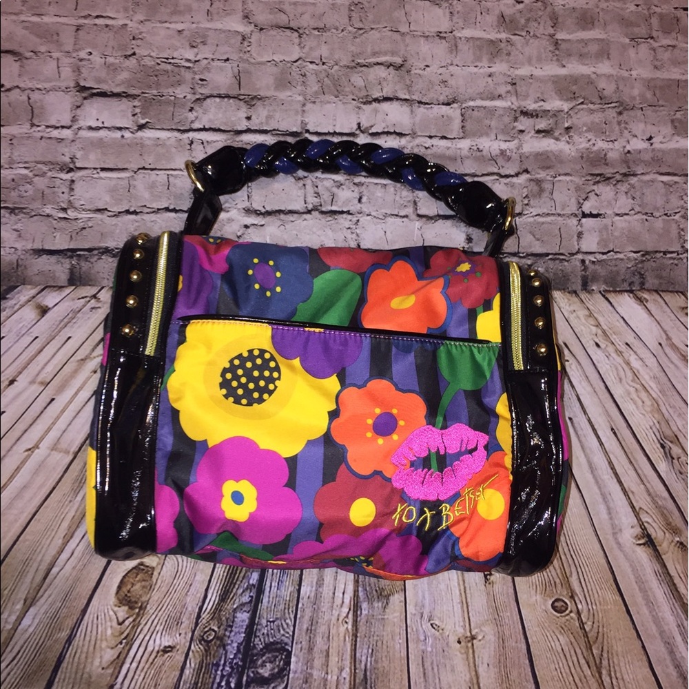 Betsey Johnson Multicolor Floral Tote with Black Patent Trim
